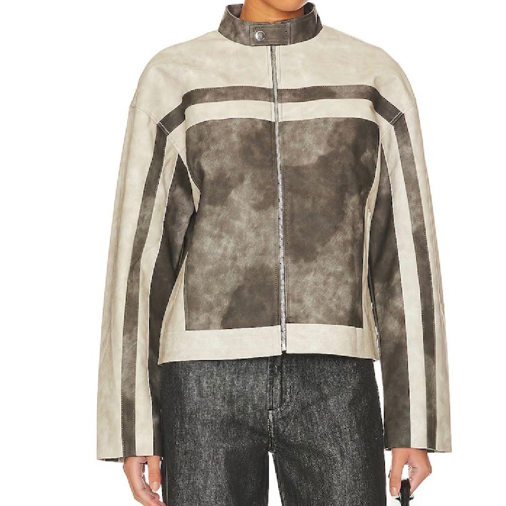 Superdown Womens Moto Jacket Grey Cream Distressed Faux Leather Racer Size M - Picture 2 of 14